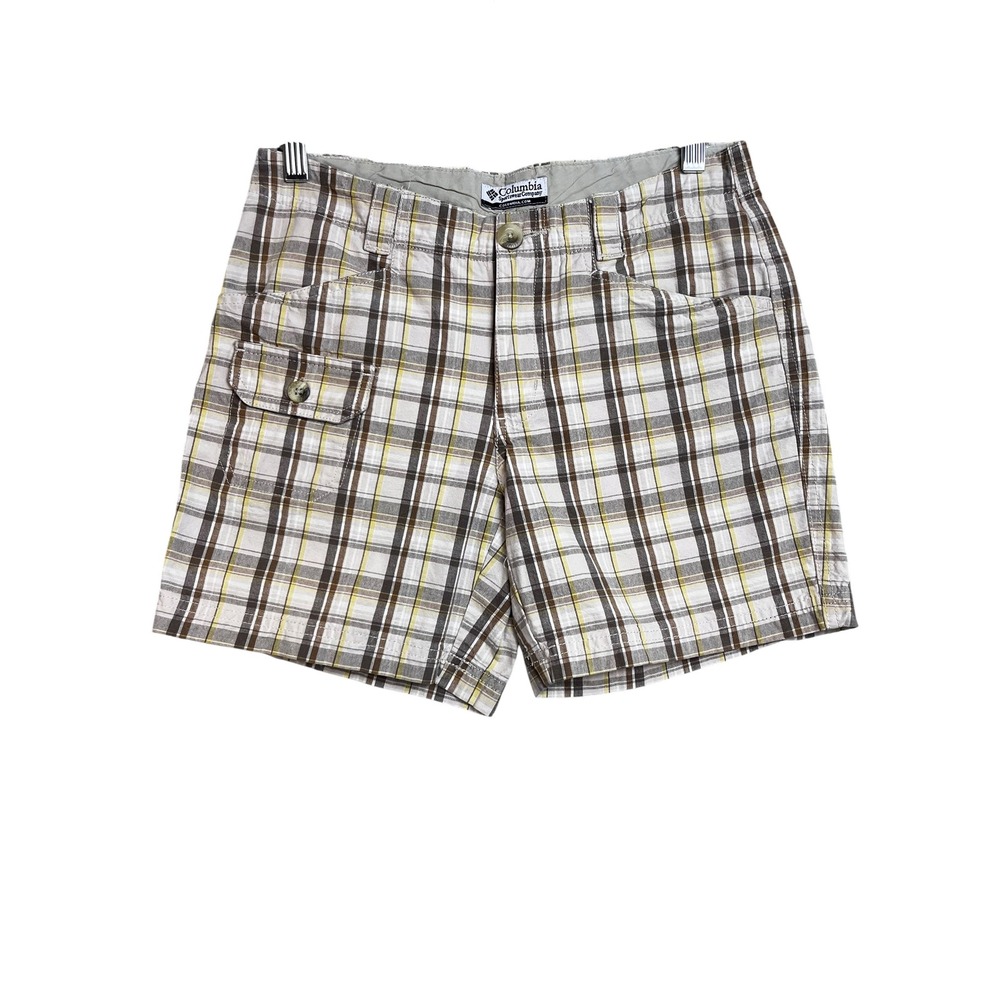 Columbia Plaid Hiking Shorts Brown Yellow Multi Pocket Outdoor Size 8